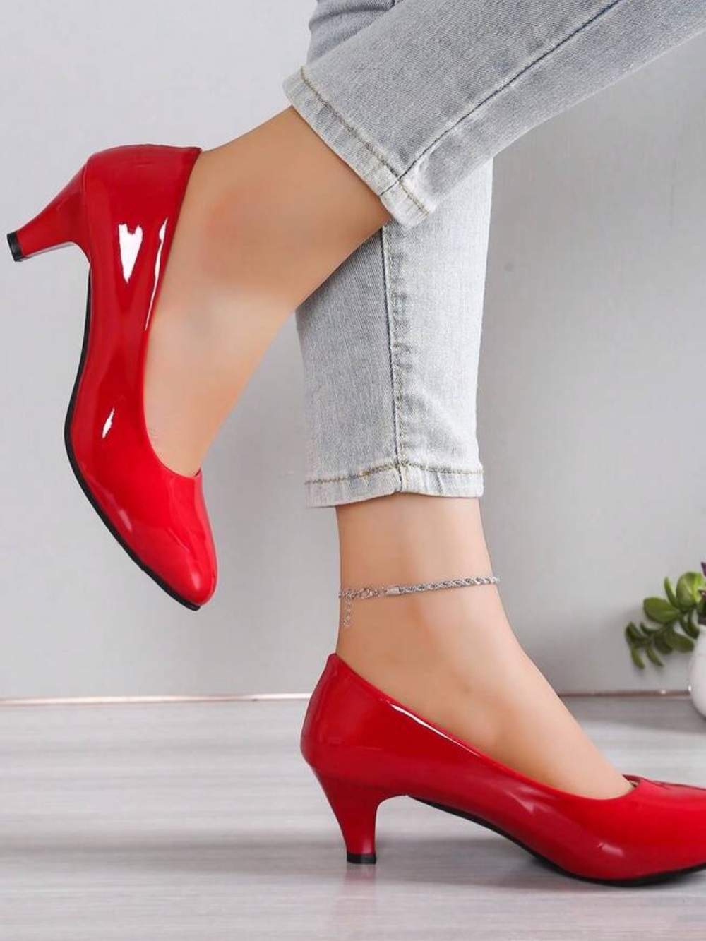 Classic Red Patent Low Heel Pumps - Women